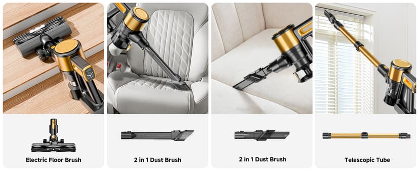 Cordless Vacuum Cleaner, 8 in 1 Powerful Stick Vacuum with 45min Runtime, Anti-Tangle Vacuum Cleaners for Home, Lightweight Handheld Wireless Vacuum for Hardwood Floor Carpet pet Hair, Gold
