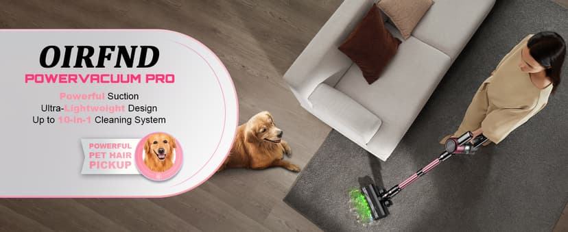 Cordless Vacuum Cleaner, 10 in 1 Stick Vacuum with Powerful Suction, Hose, Green LED Light, Anti-Tangle Brush, Lightweight Rechargeable Vacuum Cleaner for Home, Hardwood Floors, Carpets, Pet Hair,Pink