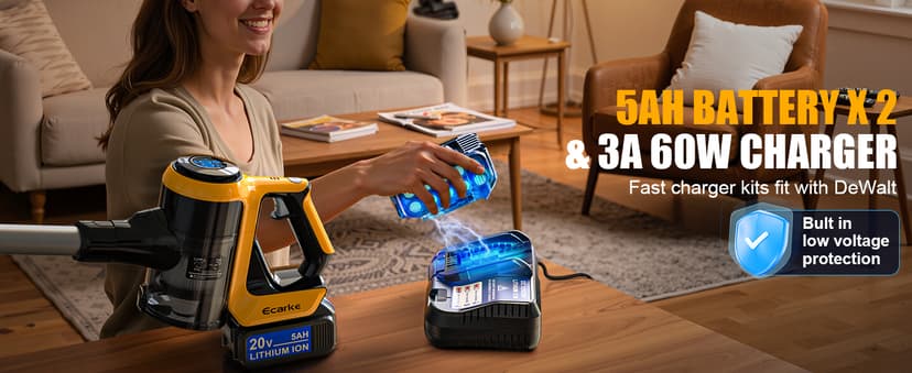 Cordless Stick Vacuum Cleaner Compatible with DeWalt Battery, 350W Brushless Motor, 30KPa Suction, 6-in-1 180° Bendable Wand, Smart Screen 2x5AH Batteries & Charger – Hardwood Floors