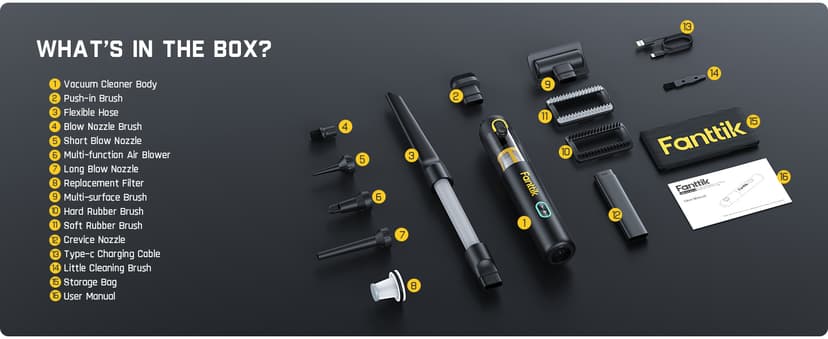 Fanttik Slim V8 Apex Car Vacuum, 4-in-1 Portable Mini Cordless Vacuum with 19000pa Suction Power, Type-C Charge, 2 Suction Modes, Handheld Vacuum for Car, Office Desk, Keyboards (Black)