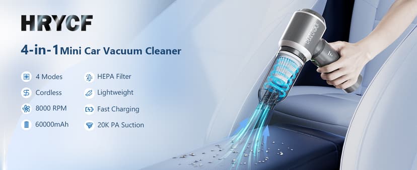 Mini Vacuum Cordless, Portable Vacuum Cordless for Car, 4-in-1 20000PA High Power Portable Rechargeable Vacuum Cleaner with Brushless Motor, Small Handheld Vacuum & Air Blower & Pump-Grey