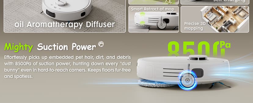 V5 Robot Vacuum and Mop, Self-Emptying Robotic Vacuum Cleaner, 8500Pa Suction, Pet Hair Tangle Cutter, Laser Navigation, Cat Laser, Carpet Detection, Ideal for Hard Floor, Tile, and Carpet