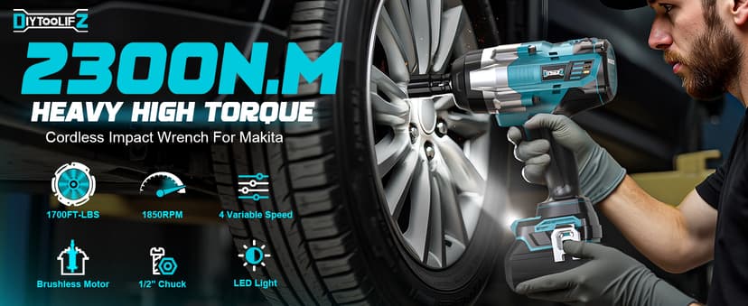 Cordless Impact Wrench 1/2" Compatible with Makita 18V Battery, 1700 Ft-lbs High Torque Impact Driver, Electric Impact Gun with 4 Speed Modes & LED Light for Car, Truck, Mower(Bare Tool)