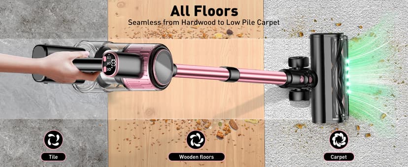 Cordless Vacuum Cleaner, 10-in-1 Vacuum Cleaners for Home with 28.75 in Hose, LED Display, Anti-Tangle Brush, Lightweight Stick Vacuums for Carpet, Pet Hair, Hardwood Floors, Dryer (Pink)