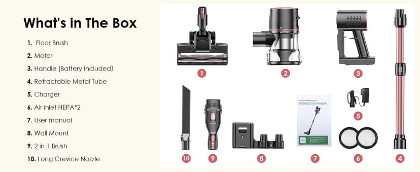 V8PRO Cordless Vacuum Cleaner for Home - 25Kpa Stick Vacuum with Self Standing Design, Max 35Min Runtime, 6 in 1 Lightweight Vacuum for Hardwood Floors and Carpet Pet Hair (Champagne)
