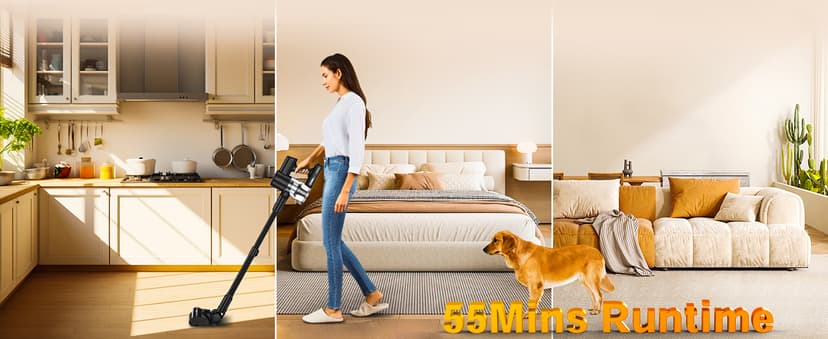 Cordless Vacuum Cleaner, 46KPa/500W Stick Vacuum with 55 Mins Runtime, Self-Standing Vacuum Cleaner for Home, LED Display, Anti-Tangle Brush, Rechargeable Vacuum for Pet Hair