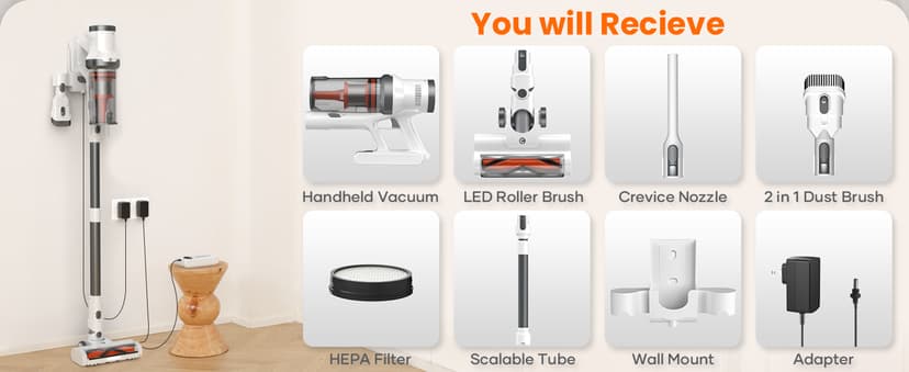 Cordless Vacuum Cleaner, 550W/45Kpa Vacuum Cleaners for Home, Max 60Mins Runtime, Anti-Tangled & 1.6L Dust Cup Stick Vacuum, Lightweight Vacuum for Carpet, Hard Floor(Upgraded)