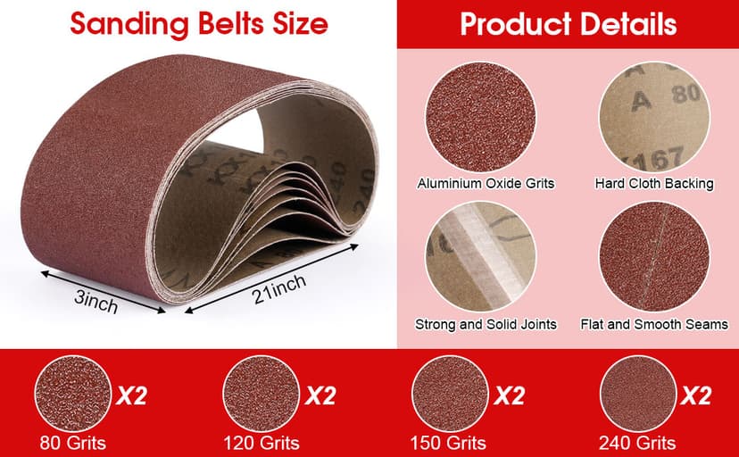 Belt Sander Sanding Belts, 8 Pcs Belt Sander Paper (2 Each of 80 120 150 240 Grits), Aluminum Oxide for Woodworking Polishing (3 x 21 inch)