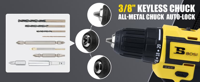 BOSI TOOLS Brushless Cordless Drill Set 16.8V Power Drill Driver Kit with 2 2000mAh Batteries and Charger 3/8-Inch Keyless Chuck 2 Speed 20+1 Position Torque Setting 27pcs Drill Screwdriver Bits