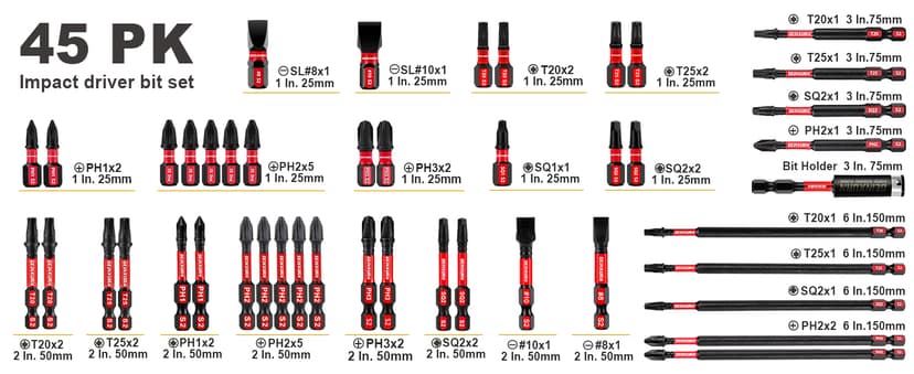 Impact Tough Magnetic Mixed 45Pack Insert Driver Bits, S2 Alloy Steel Screwdriver Power Bits Set with 1Pcs Impact Magnetic Bit Holder