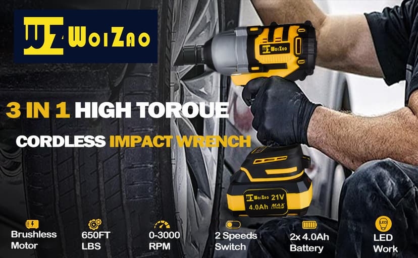 1/2 inch Cordless Impact Wrench,650Ft-lbs (800N.m) Brushless Power Impact Driver,3000RPM High Torque Impact Gun,2x 4.0 Battery, 5 Sockets,8 Drill,6 Screws for Home Car Tires Truck Mower