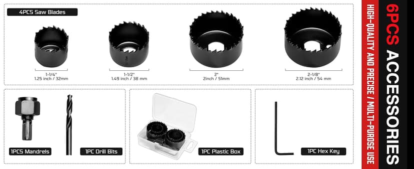 KATA 6PCS Hole Saw Kit 1-1/4" to 2-1/8"(32-54mm) Hole Saw Set in Case with Mandrels and Hex Key for Soft Wood, PVC Board, Plywood
