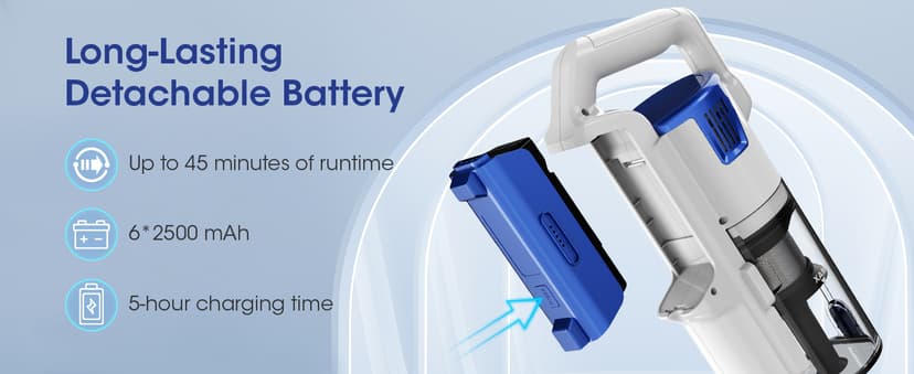 Cordless Vacuum Cleaner, Brushless Motor Powerful Suction Stick Vacuum, LED Display, with 2500 mAh Detachable Battery, 45 Mins Runtime Vacuum Cleaners for Home/Pet Hair/Hardwood/Carpets, Blue