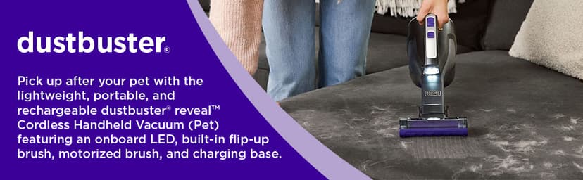 BLACK+DECKER dustbuster Reveal Pet Hair Vacuum, Hand Held Vacuum Cordless Portable for Home and Car, Rechargeable, LED Light, Powerful Suction, Includes Pet Brush and Crevice Tool (HLVD320BP07)