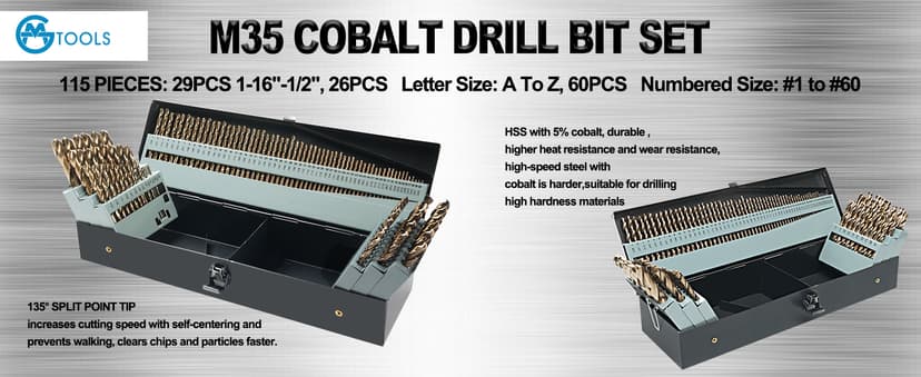 115Pcs Cobalt Drill Bits Set, M35 High Speed Steel, 135 Degree Tip, Twist Jobber Length Drill Bit Kit for Hardened Metal, Plastic and Wood with Metal Indexed Storage Case, 1/16"-1/2"