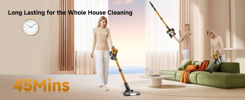 Cordless Vacuum Cleaner,55Mins/Powerful Vacuum Cleaners for Home,Stick Vacuums with 8 in 1,Touch Screen,LED Headlights, Anti-Tangle,Rechargeable,Lightweight for Carpet,Hard Floor, Pet Hair,Gold