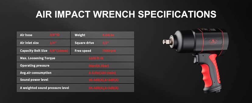 AEROPRO TOOLS 1/2-Inch Air Impact Wrench, Twin Hammer, 1200FT-LBS, 7500RPM, High Torque Pneumatic Impact Wrench, 1/2 Drive Air Impact Gun for Auto Repair, Tire Shop