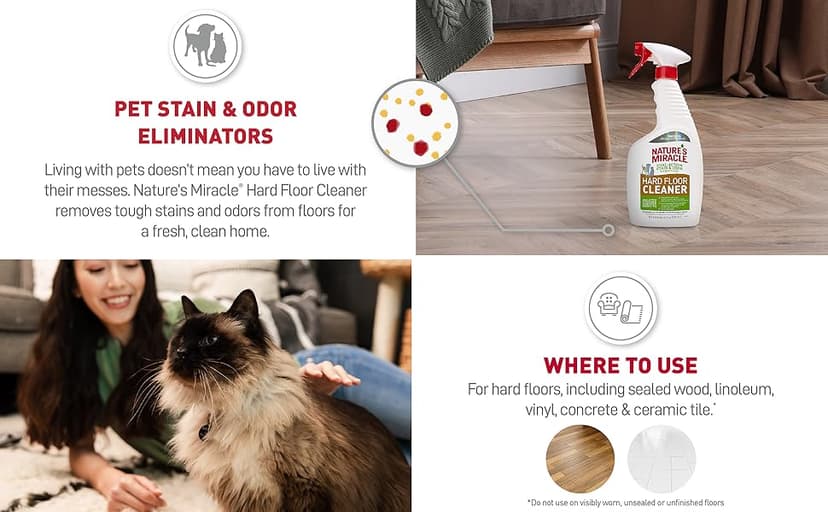 Nature's Miracle Hard Floor Cleaner, 24 Ounces, Dual-Action Stain And Odor Remover Works To Remove Tough Pet Stains And Odors On Sealed Wood And Hard Floor Surfaces