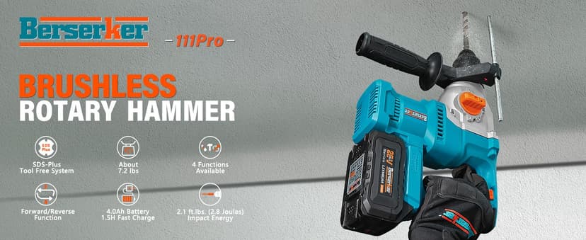 Berserker 20V Cordless 1-1/8" Rotary Hammer Drill SDS-Plus Brushless Motor with Safety Clutch, 4.0Ah Lithium-Ion Battery Powered, 3.0A Fast Charger, 4 Modes Variable Speed Rotomartillo for Concrete