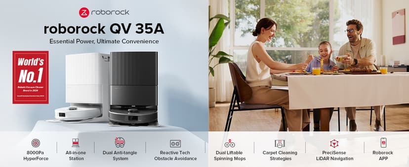 roborock Qrevo Series Robot Vacuum and Mop, 8000Pa Suction, Upgraded from Qrevo S, Anti-Tangle Brush, Smart Obstacle Avoidance, Auto Mop Washing, All-in-One Dock, 200RPM Spinning Mops, White(QV 35A)