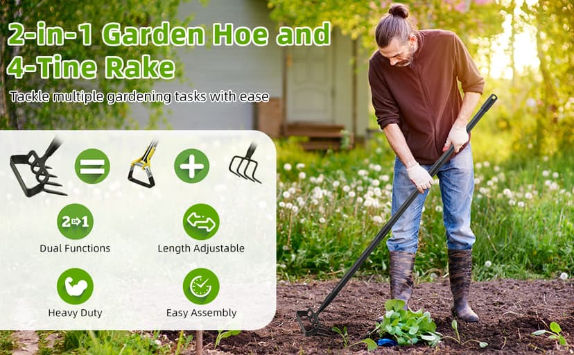 Weeding Hoe Garden Tool, 2 in 1 Stirrup Hoe and Cultivator with 62 inch Adjustable Long Handle, Heavy Duty Metal Garden Action Scuffle Hoes for Efficient Weeding Soil Aeration Small Weeder Tool