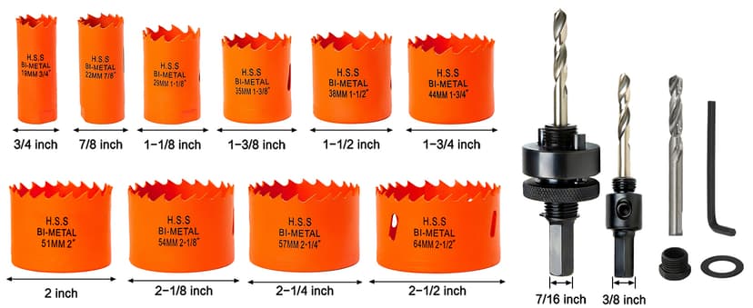 Hole Saw Kit Bi Metal with Case, General Purpose Size from 3/4'' to 2-1/2'', Hole Saw Set for Metal, Wood and Plastic, with Clean and Smooth Cutting Edge, Fast Chip Removal.