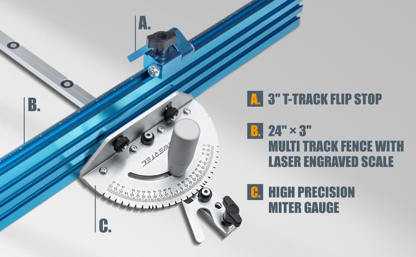 POWERTEC 71391 Table Saw Precision Miter Gauge System w/ 27 Angle Stops and 3/4”x 3/8”T-Slotted Miter Bar w/Removable T-Slot Plate; Includes 24”x 3” Multi T–Track Fence w/Scale, T-track Flip Stop