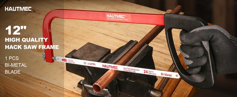 HAUTMEC 12-Inch High Tension Hacksaw, Lightweight Hack saw Frame with 24 TPI Bi-Metal HSS Blade, Adjustable Tension Hand Saw for Cutting Metal, Steel Pipe, PVC, and Wood – HT0398