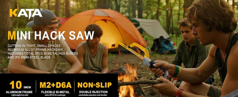 KATA Hacksaw, Compact Hand Operating Hack Saw with 10 Inch Aluminum Frame and 2 Piece Extra Flexible Bi-Metal HSS Blades, Suitable for Wood and Metal (Mini Hacksaw)