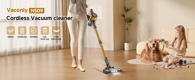 Cordless Vacuum Cleaner,55Mins/Powerful Vacuum Cleaners for Home,Stick Vacuums with 8 in 1,Touch Screen,LED Headlights, Anti-Tangle,Rechargeable,Lightweight for Carpet,Hard Floor, Pet Hair,Gold