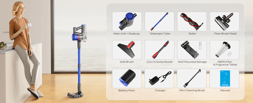 Cordless Vacuum Cleaner, 45Kpa 550W 60Mins Vacuum Cleaners for Home, Self-Standing Stick Vacuum Cleaner with Wall Mount Charging, Scented Card, for Furniture, Carpet, Pet Hair, Hard Floor