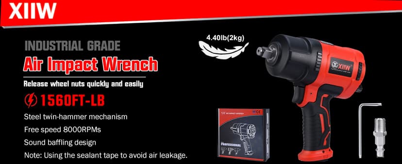 XIIW 1/2 Inch Air Impact Wrench, Max Torque 1560 ft-lbs, lightweight 4.4 lb Design, Heavy Duty 8000RPM 1/2 Air Impact Gun Driver, Twin Hammer Pneumatic Tool for Automobile Repair