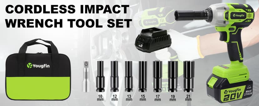 Yougfin Cordless Impact Wrench 1/2 inch for Lug Nuts, 20V Brushless Power Impact Gun Kit 400N.M, 4.0 Ah Battery Powered Impact Driver Heavy Duty, Electric Impact Wrench for Car Home