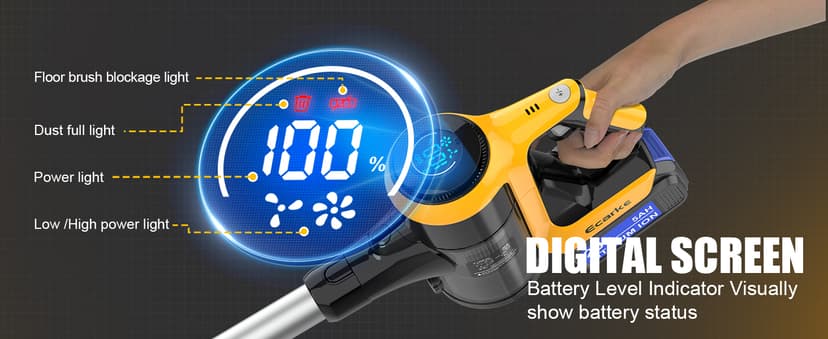 Cordless Stick Vacuum Cleaner Compatible with DeWalt Battery, 350W Brushless Motor, 30KPa Suction, 6-in-1 180° Bendable Wand, Smart Screen 2x5AH Batteries & Charger – Hardwood Floors