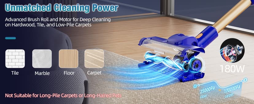 Cordless Vacuum Cleaner, 180° Bendable Wand Stick Vacuum Cleaners with Touch Screen, 8-in-1 Vacuum with Lightweight Rechargeable Battery, Longlasting Runtime for Home Hard Floor Low-Pile Carpet