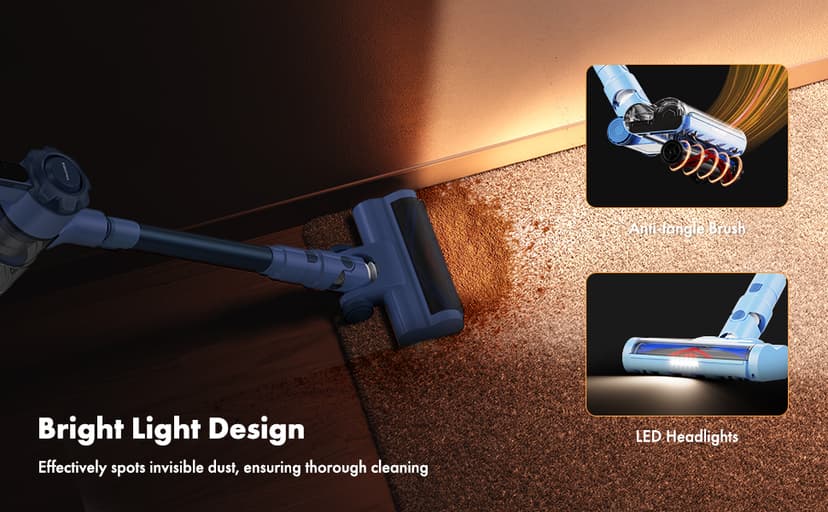 Cordless Vacuum Cleaner, 8-in-1 Lightweight Stick Vacuum with 45mins Runtime, Powerful Suction, Rechargeable Cordless Vacuum for Carpet, Tile, Pet Hair, Hardwood Floors, Blue