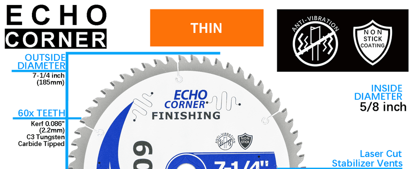 7-1/4 Inch Ultra Finish Circular Saw Blade 60T, Non-Stick Coating, for Wet Lumber, Composite Decking, Plywood, Plastic, Veneer, Laminate
