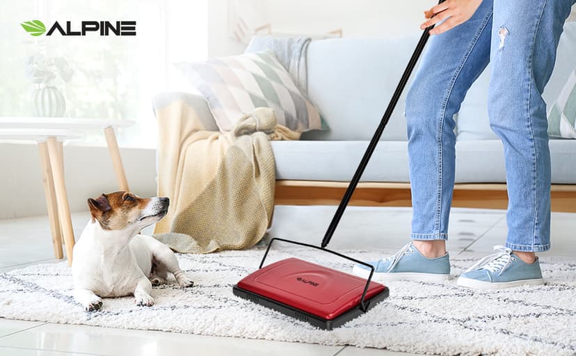 Alpine Manual Carpet Sweeper Triple Brush – Non Electric Multi-Surface Floor Cleaner Easy Sweeping for Carpeted Floors (Red -Updated)
