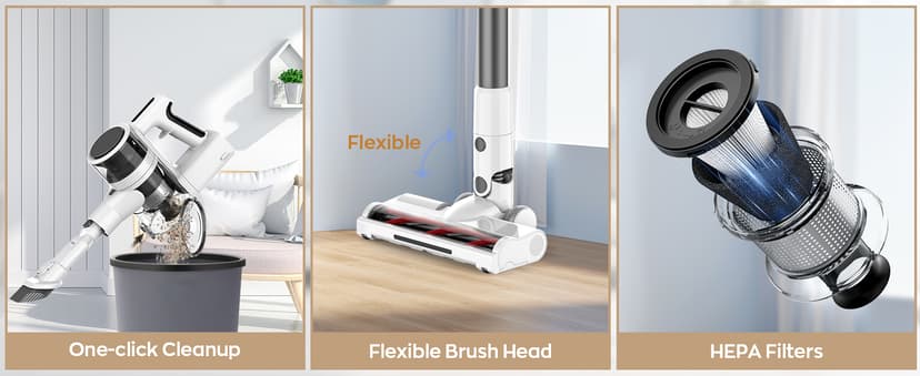 Cordless Vacuum Cleaner, 80,000 RPM Motor and Power Filtration, Stick Vacuum with 2200 mAh Battery, 35 Mins Worktime, 2 Modes, Rotated Multi-Heads, Height-Adjustable Vacuum for Home (Harbor White)