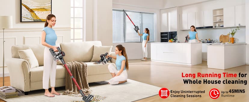 Cordless Vacuum Cleaner, 8-in-1 Vacuum Cleaners for Home, 45Mins Runtime, Anti-Tangle Stick Vacuum with LED Display, Rechargeable Lightweight Vacuum for Pet Hair/Carpet/Floor (Red)