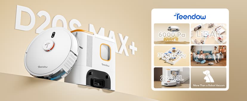 D20S Max+ Robot Vacuum and Mop, Specifically Handling Pet Hair Design, 6000Pa Max Suction, with Self-Empty Dock, 10 Weeks Hands-Free Cleaning, PreciSense LiDAR Navigation, App & Voice Control