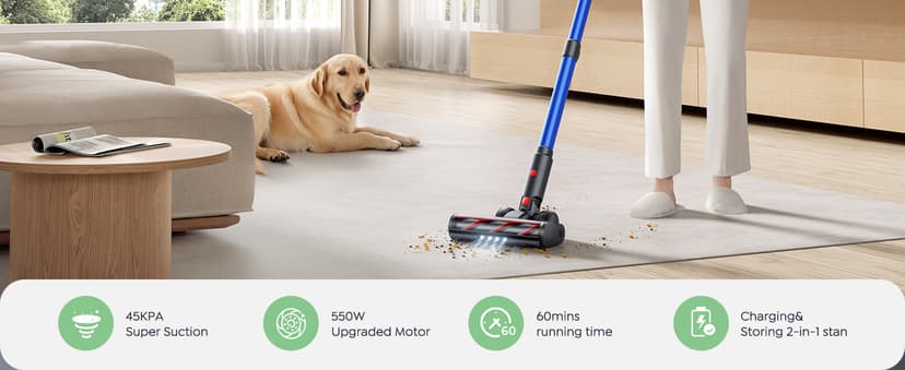 Cordless Vacuum Cleaner, 45Kpa 550W 60Mins Vacuum Cleaners for Home, Stick Vacuum Cordless Rechargeable, Wall Mount Charging, Self-Standing, Household Vacuum for Pet Hair/Carpet/Hardwood Floor(X9)