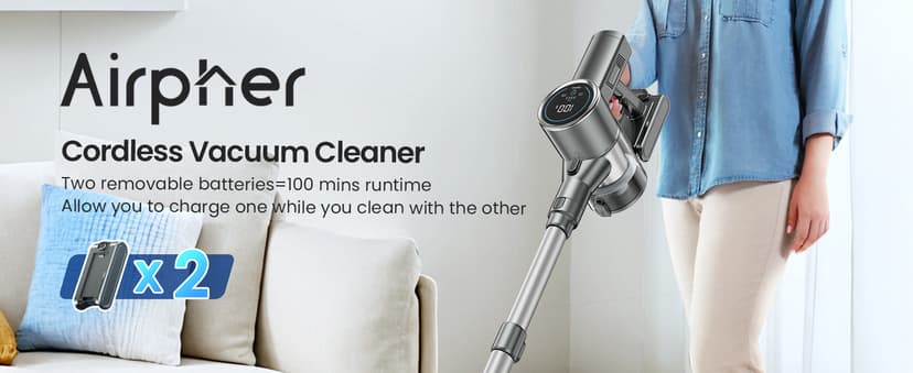 Cordless Vacuum Cleaner, 350W 35KPA 100Mins Runtime Powerful Stick Vacuum for home with Self-Standing, Touch Screen, Rechargeable Handheld Vacuum for Home/Pet Hair/Carpets/Hard Floors(2 Batteries)