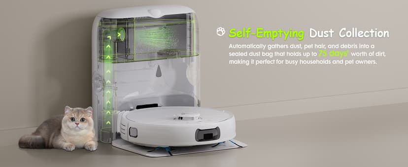 V5 Robot Vacuum and Mop, Self-Emptying Robotic Vacuum Cleaner, 8500Pa Suction, Pet Hair Tangle Cutter, Laser Navigation, Cat Laser, Carpet Detection, Ideal for Hard Floor, Tile, and Carpet