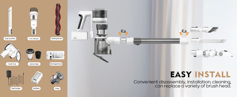 Cordless Vacuum Cleaner, 80,000 RPM Motor and Power Filtration, Stick Vacuum with 2200 mAh Battery, 35 Mins Worktime, 2 Modes, Rotated Multi-Heads, Height-Adjustable Vacuum for Home (Harbor White)