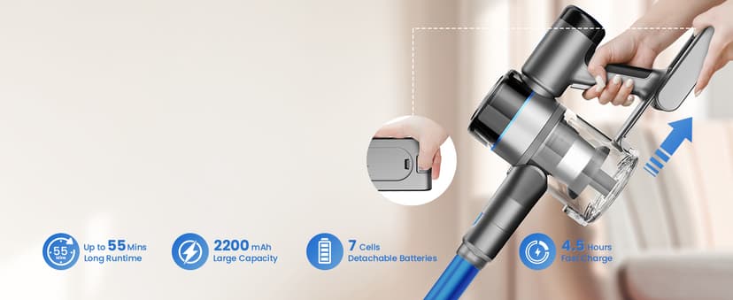 Dzaki Vacuum Cleaners for Home, 400W 45KPa 55 Mins Runtime Cordless Vacuum Cleaner, Smart Induction Auto-Adjustment Stick Vacuum, Rechargeable Battery Vacuum Cordless for Carpet Floor Pet Hair (Gray)