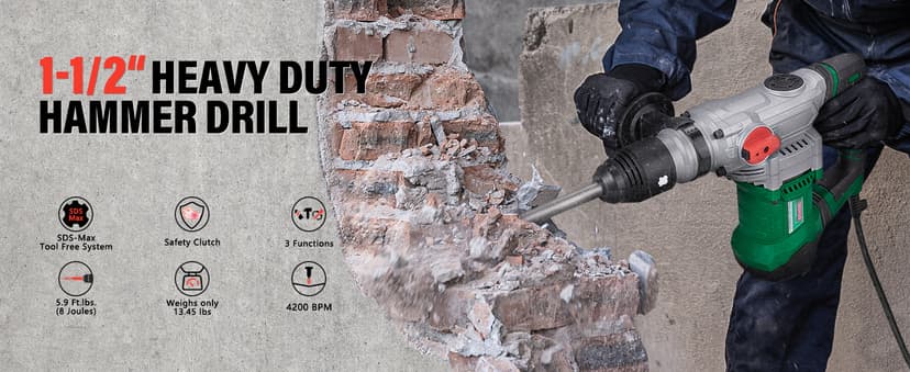 1-1/2" SDS-Max Heavy Duty Rotary Hammer Drill,12.5 Amp 3 Functions Corded Vibration Control Demolition Rotomartillo with Safety Clutch for Concrete,Includes 1 Drill Bits,2 Chisels,Carrying Case