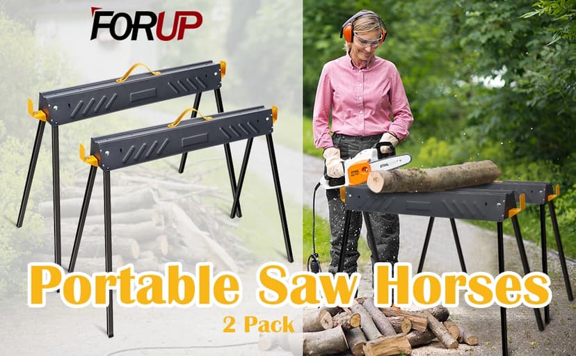 FORUP 2 Pack Heavy Duty Folding Portable Saw Horses Table, 1322 Lbs Load Capacity Metal Saw Horse with Fast Open Legs and Easy Grip Handle for Woodworking, Dark Grey & Yellow