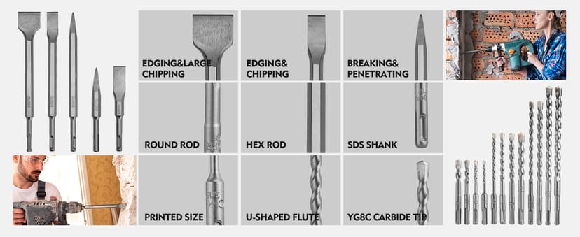 WORKPRO 17-Piece SDS-Plus Rotary Hammer Drill Bits and Chisel Set, Carbide-Tipped Masonry Drill Bits and Chisels for Concrete, Stone, Brick, with Storage Case