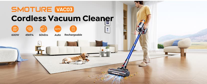 Cordless Vacuum Cleaner, 600W 45KPA with Upholstery Cleaning Tool, Stick Vacuum Cleaners for Home 60 Mins Runtime, Self-Standing, Wall Mount Charging, Rechargeable Vacuum for Floor Carpet Pet Hair